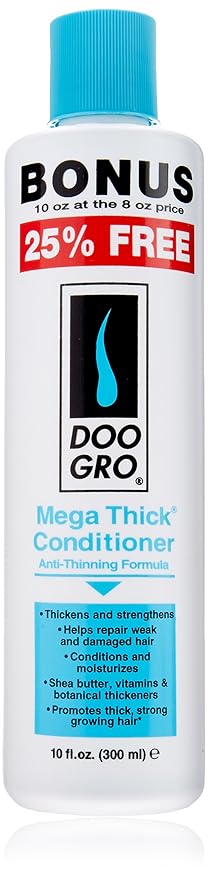 Doo Gro Mega Thick Conditioner bottle with blue cap and white label on a light gray background